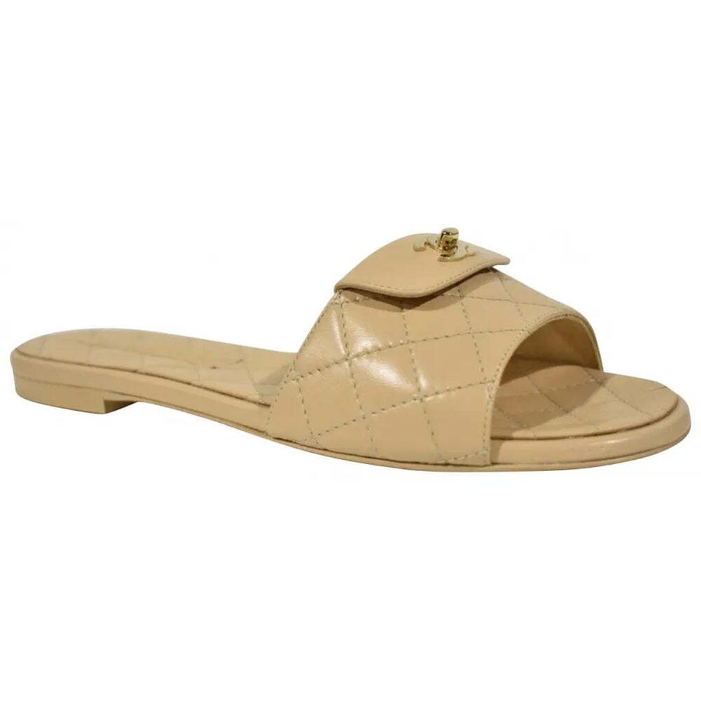 Chanel REV Beige Turnlock Quilted Gold CC Logo Mules Slide Sandal Flop Flat 35 - Picture 3 of 12
